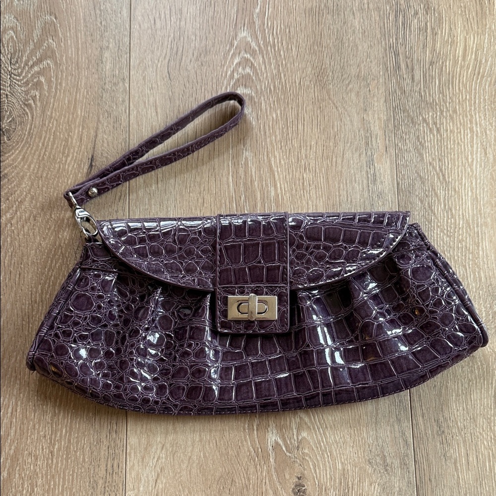 Wristlet Clutch in Deep Plum Croc-Embossed Leather